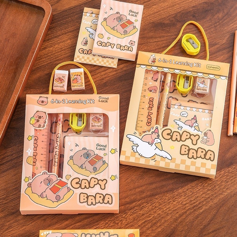 Cute Capybara 6-in-1 Stationery Set, School Supplies Gift Box for Kids Students, Back to School Stationery Kit with Pencil Ruler Eraser