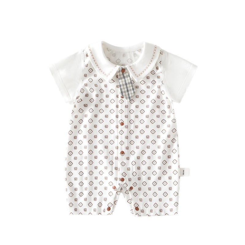Baby Boy Collared Short Sleeve Romper with Fake Bow Tie, Summer Cotton Gentleman Style Infant Jumpsuit, Snap Closure Newborn Bodysuit for Daily Wear Birthday Party Baby Shower Photo Shoot