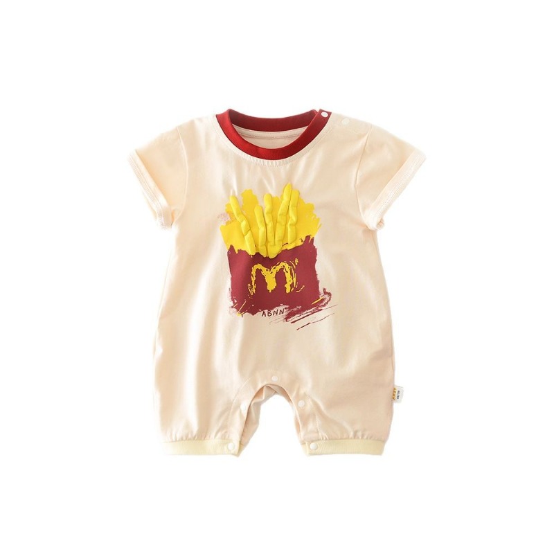 Baby Short Sleeve Romper with 3D French Fries Print, Summer Cotton Cute Infant Jumpsuit, Snap Closure Newborn Bodysuit, Trendy One Piece Outfit for Daily Wear 100 Days Celebration Photo Shoot Outdoor