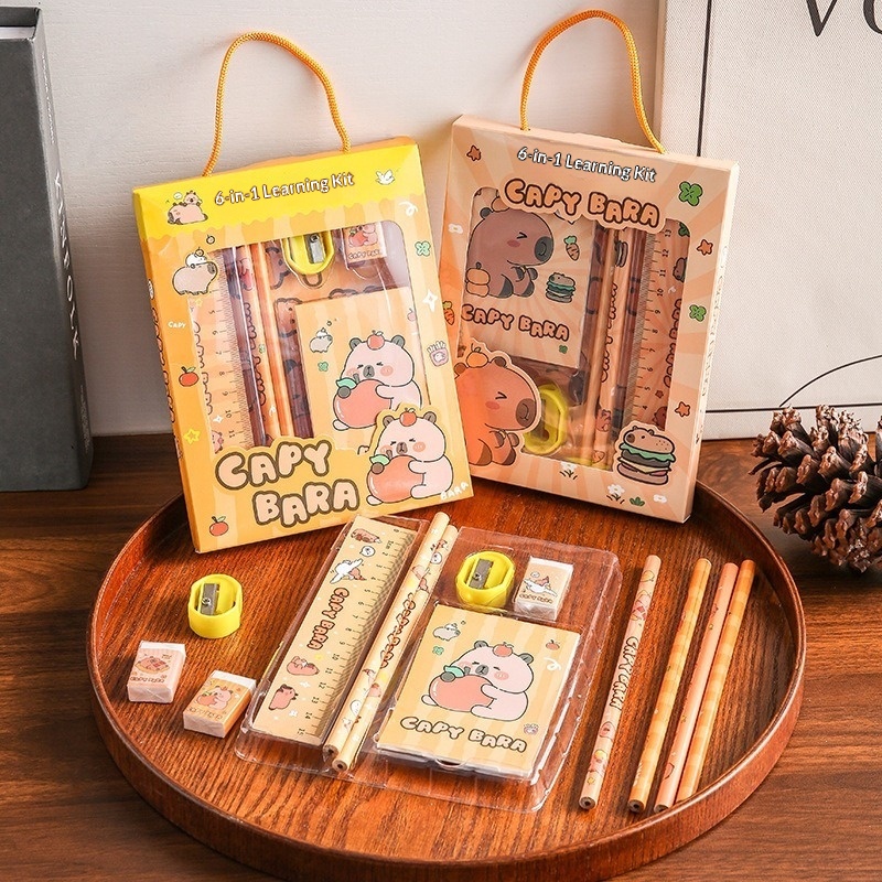 Cute Capybara 6-in-1 Stationery Set, School Supplies Gift Box for Kids Students, Back to School Stationery Kit with Pencil Ruler Eraser