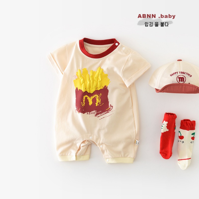 Baby Short Sleeve Romper with 3D French Fries Print, Summer Cotton Cute Infant Jumpsuit, Snap Closure Newborn Bodysuit, Trendy One Piece Outfit for Daily Wear 100 Days Celebration Photo Shoot Outdoor
