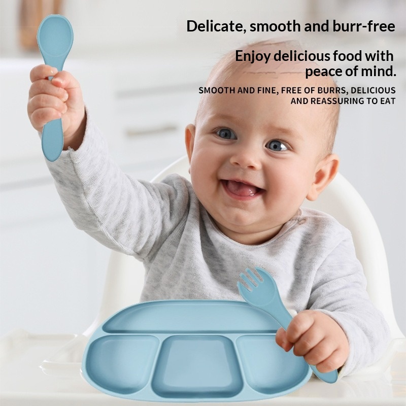 Food Grade Silicone Baby Feeding Set, 6Pcs Suction Divided Plate Bowl Bib Spoon Fork Sippy Cup, BPA Free Self Feeding Toddler Utensils, Anti-Spill Weaning Dinnerware Kit for Infants Babies Kids Daily