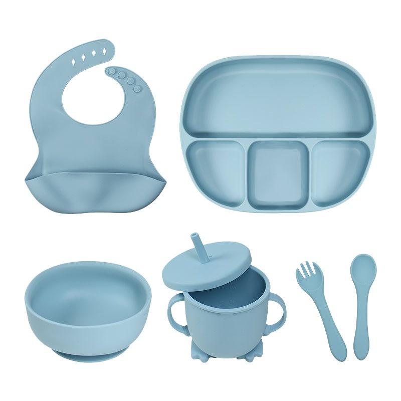 Food Grade Silicone Baby Feeding Set, 6Pcs Suction Divided Plate Bowl Bib Spoon Fork Sippy Cup, BPA Free Self Feeding Toddler Utensils, Anti-Spill Weaning Dinnerware Kit for Infants Babies Kids Daily