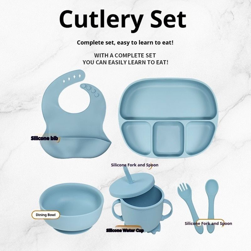 Food Grade Silicone Baby Feeding Set, 6Pcs Suction Divided Plate Bowl Bib Spoon Fork Sippy Cup, BPA Free Self Feeding Toddler Utensils, Anti-Spill Weaning Dinnerware Kit for Infants Babies Kids Daily