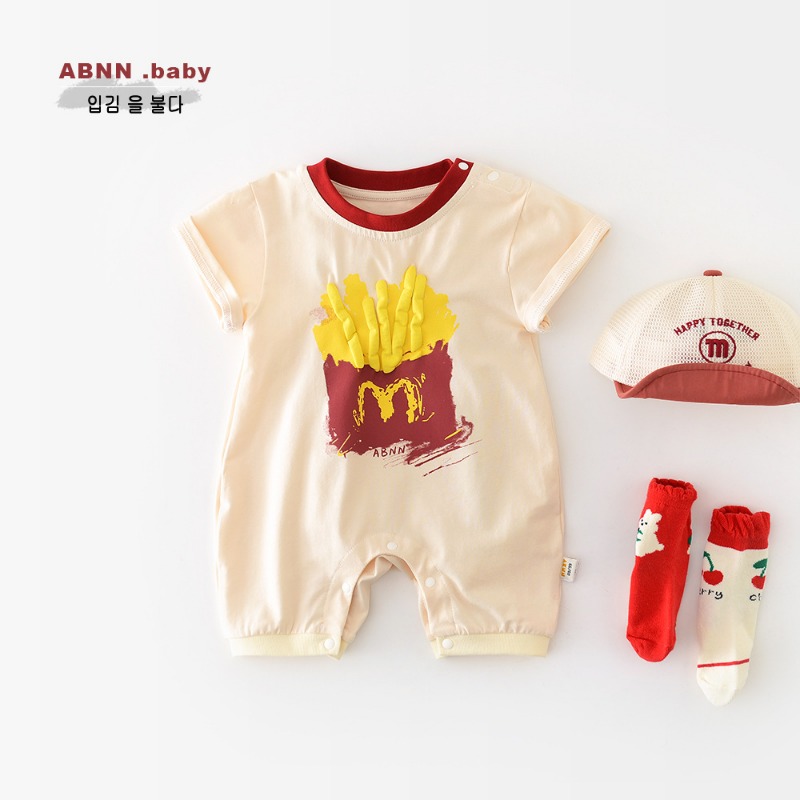 Baby Short Sleeve Romper with 3D French Fries Print, Summer Cotton Cute Infant Jumpsuit, Snap Closure Newborn Bodysuit, Trendy One Piece Outfit for Daily Wear 100 Days Celebration Photo Shoot Outdoor