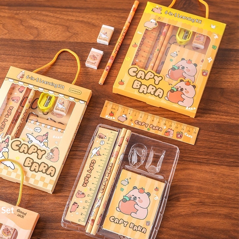 Cute Capybara 6-in-1 Stationery Set, School Supplies Gift Box for Kids Students, Back to School Stationery Kit with Pencil Ruler Eraser