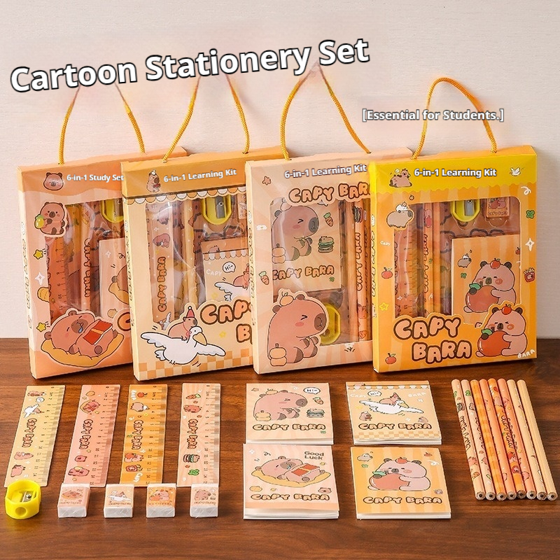 Cute Capybara 6-in-1 Stationery Set, School Supplies Gift Box for Kids Students, Back to School Stationery Kit with Pencil Ruler Eraser
