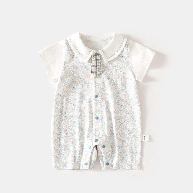 Baby Boy Collared Short Sleeve Romper with Fake Bow Tie, Summer Cotton Gentleman Style Infant Jumpsuit, Snap Closure Newborn Bodysuit for Daily Wear Birthday Party Baby Shower Photo Shoot