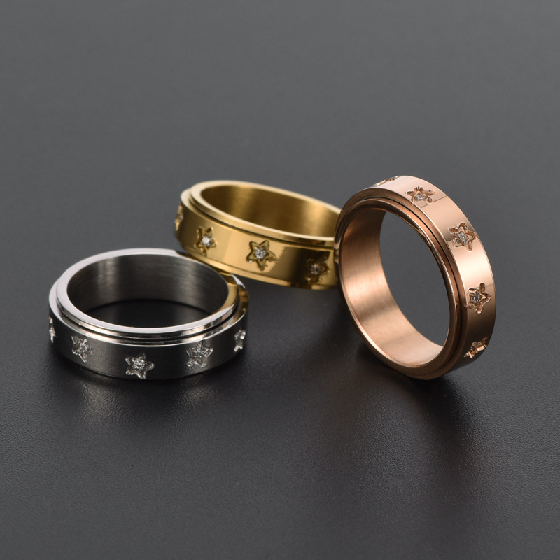 18K Gold Plated Stainless Steel Star Spinner Ring, Cubic Zirconia Inlaid Fidget Ring for Women Men, Rotatable Anxiety Stress Relief Band, Hypoallergenic Waterproof Finger Ring Gift for Daily Wear