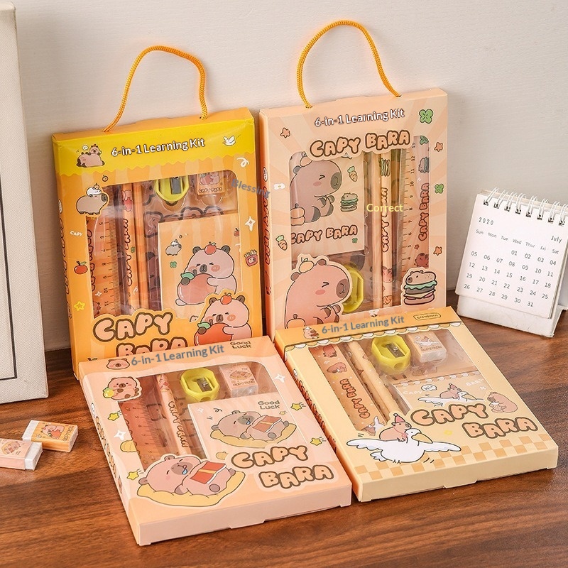 Cute Capybara 6-in-1 Stationery Set, School Supplies Gift Box for Kids Students, Back to School Stationery Kit with Pencil Ruler Eraser