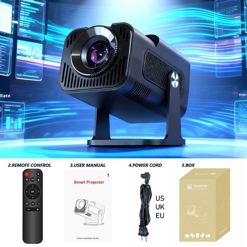 HY320 Mini Android AOSP Smart Projector, 1080P Hard Decoding 300 ANSI Lumens Home Theater Projector, WiFi6 BT5.0 Auto Keystone 180° Rotatable Portable Projector for Indoor Outdoor Movie