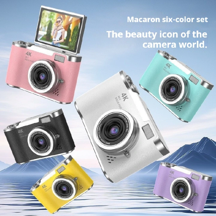 Macaron Color Retro Digital Camera, 4K HD Flip Screen Compact Camera for Students Beginners, Portable Vlogging Selfie Point and Shoot Camera with 32GB Card Kit, 6 Colors Available