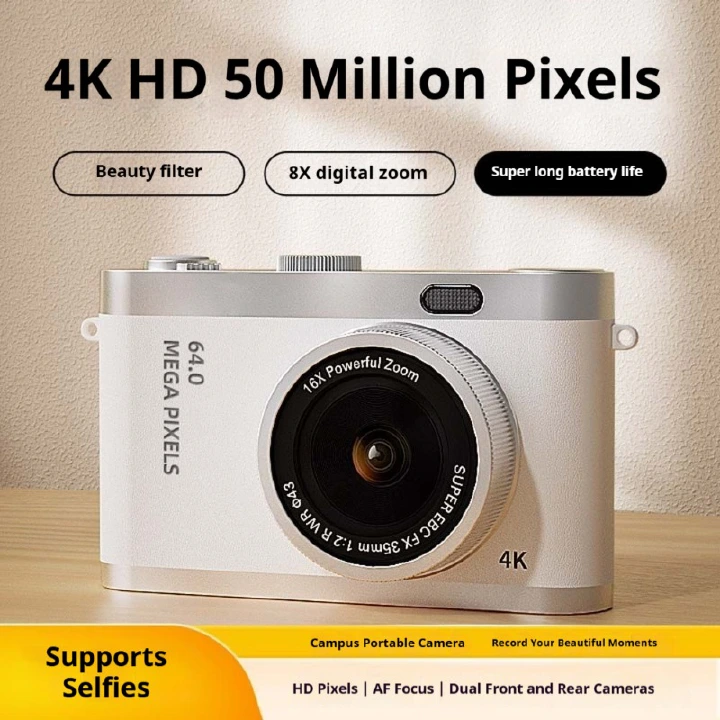 4K HD 50MP Retro Digital Camera, Front and Rear Dual Lens Beauty Camera for Students, Portable Compact Selfie Camera with 8X Digital Zoom, Campus Vlogging Camera with 32GB Card Kit