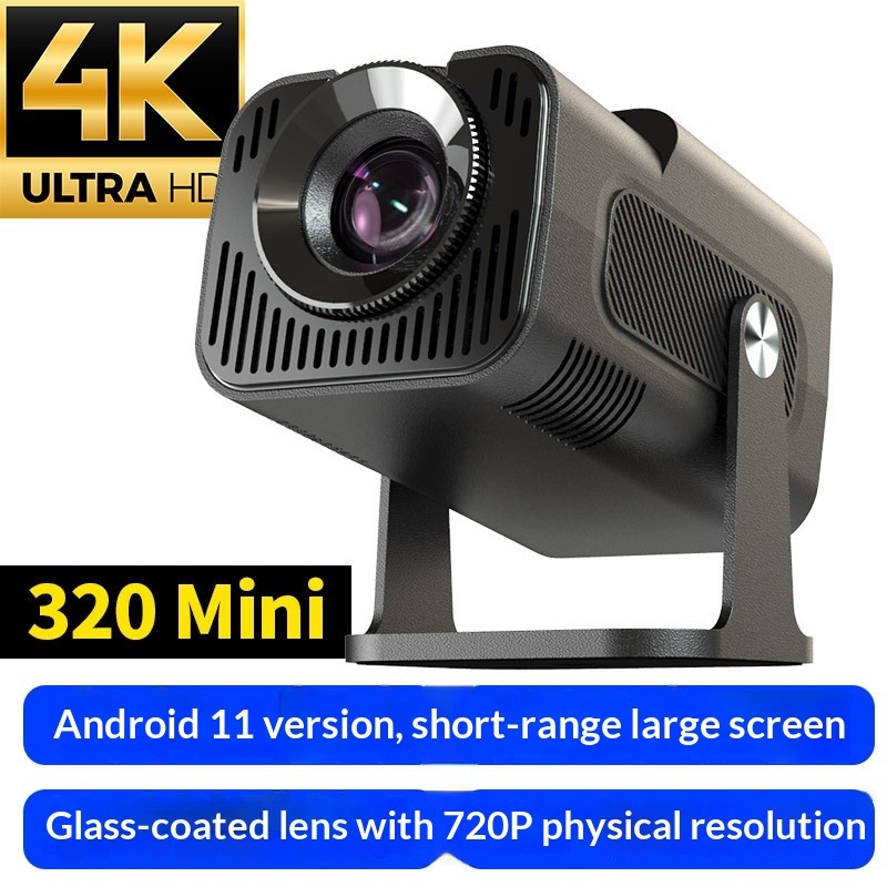 HY320 Mini Android AOSP Smart Projector, 1080P Hard Decoding 300 ANSI Lumens Home Theater Projector, WiFi6 BT5.0 Auto Keystone 180° Rotatable Portable Projector for Indoor Outdoor Movie