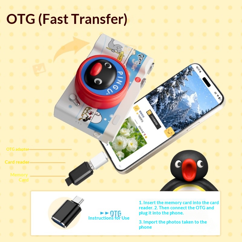 【Free 32GB memory+card reader+2 Android adapters】Ngu Penguin Children's Digital Camera, 48MP Cute Cartoon Children's Camera, Men's and Women's Mini Portable Toy Camera