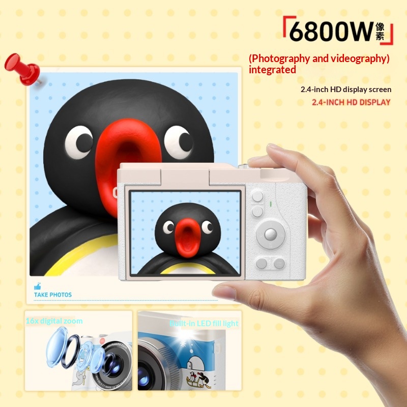【Free 32GB memory+card reader+2 Android adapters】Ngu Penguin Children's Digital Camera, 48MP Cute Cartoon Children's Camera, Men's and Women's Mini Portable Toy Camera