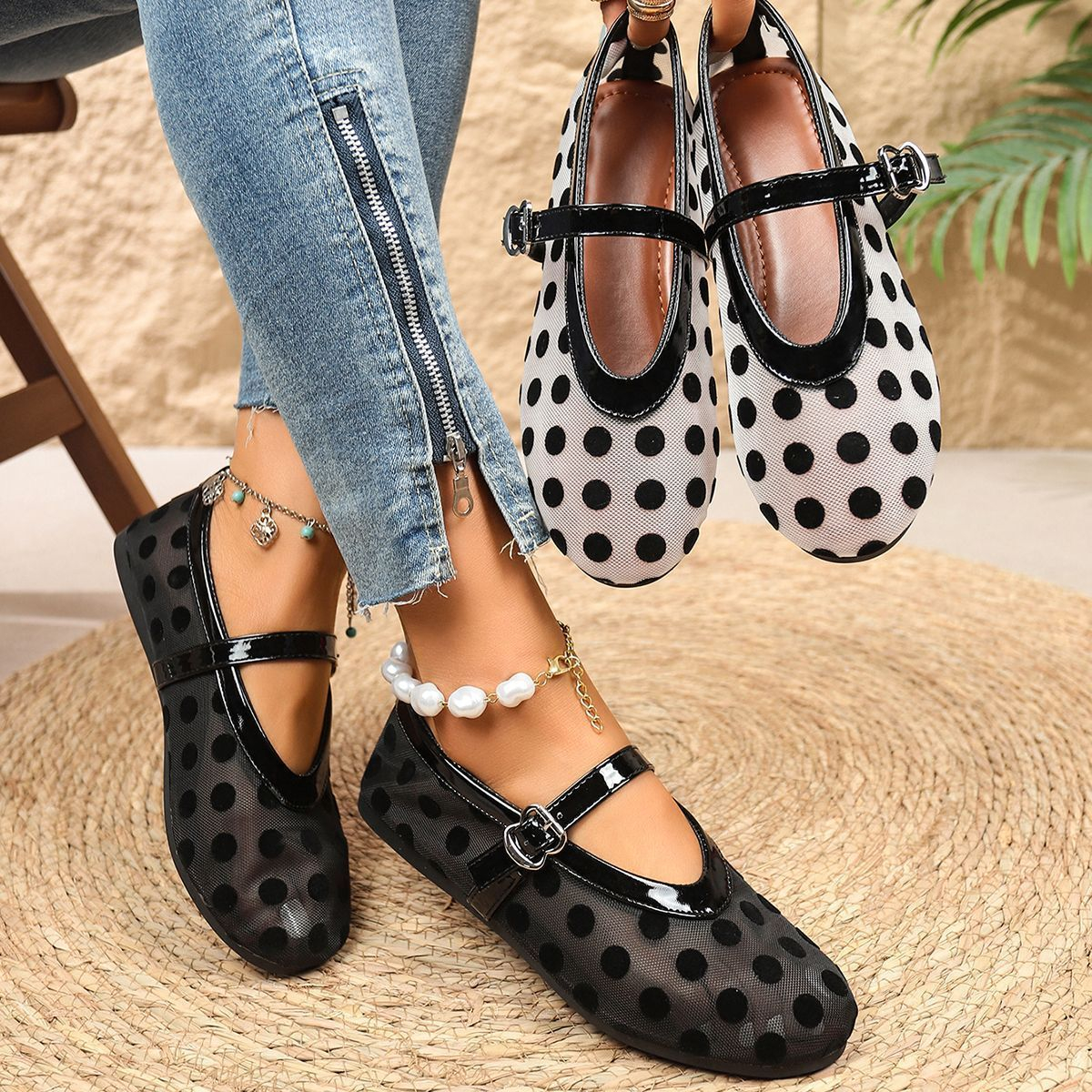 Korean-style polka-dot breathable flat Mary Jane shoes, round-toe design, soft and comfortable to wear