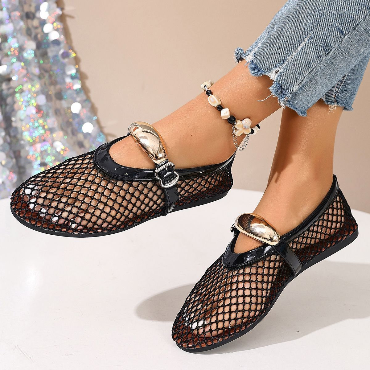 Women Fashion Mesh Fishnet Flat Mary Jane Shoe
Breathable Hollow Out Gold Metal Tubular Arch
Strap Summer Casual Walking Ladies（Bagged）