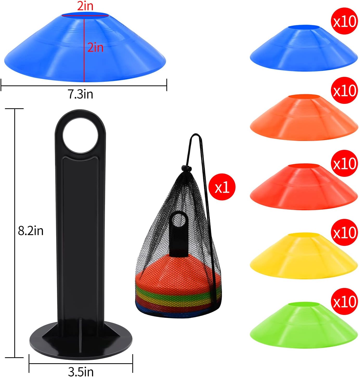 10Pcs Sports Agility Training Cones Set for Football Soccer Basketball Volleyball Rugby Speed Training Marker Disc Cones with Holder Stack for Kids Adults School Coaching Fitness Gym PE Outdoor Indoor