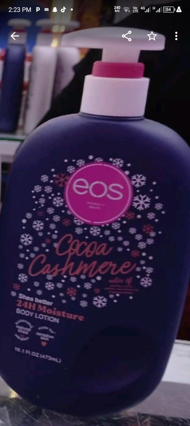 EOS Cocoa Cashmere 24H Moisture Body Lotion – 473ml

Give your skin 24-hour hydration with EOS Cocoa Cashmere Body Lotion. Enriched with nourishing shea butter and natural moisturizing ingredients, th