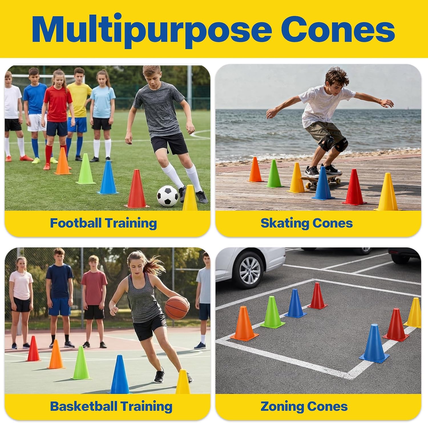 10Pcs Sports Training Cones Set Durable Agility Marker Cones Football Soccer Speed Training Disc Cones for Basketball Netball Rugby Volleyball Hockey PE Coaching Fitness Outdoor Practice