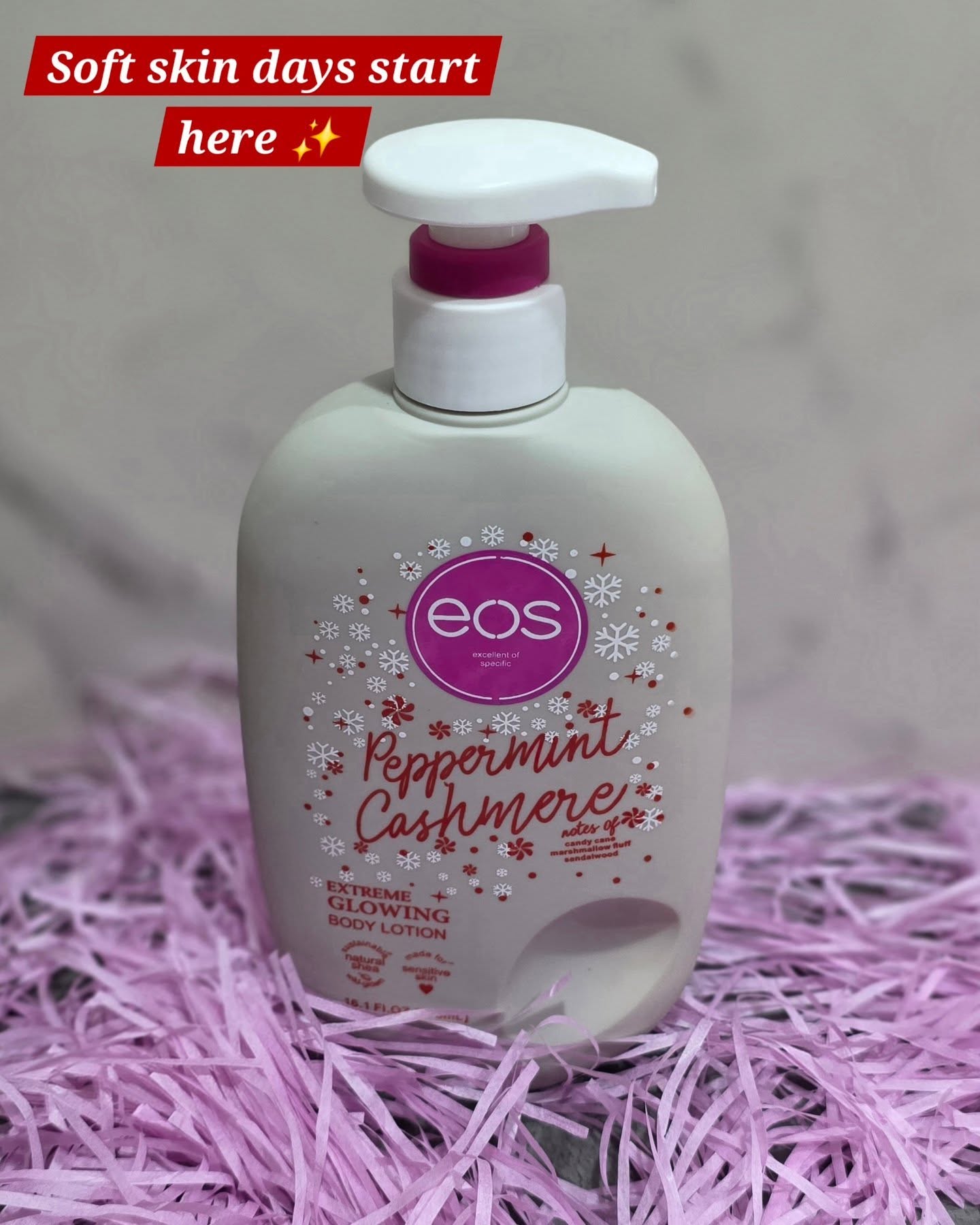 EOS Peppermint Cashmere Extreme Glowing Body Lotion 473ml Moisturizing Body Cream Shea Butter Vitamin E Hydrating Radiant Skin Lotion Soft Smooth Skin Daily Body Care