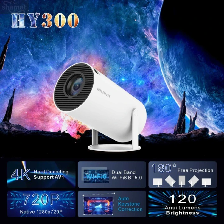 HY300 Portable Smart Projector, 4K Hard Decoding Auto Keystone Correction, WiFi6 Mini HD Home Projector