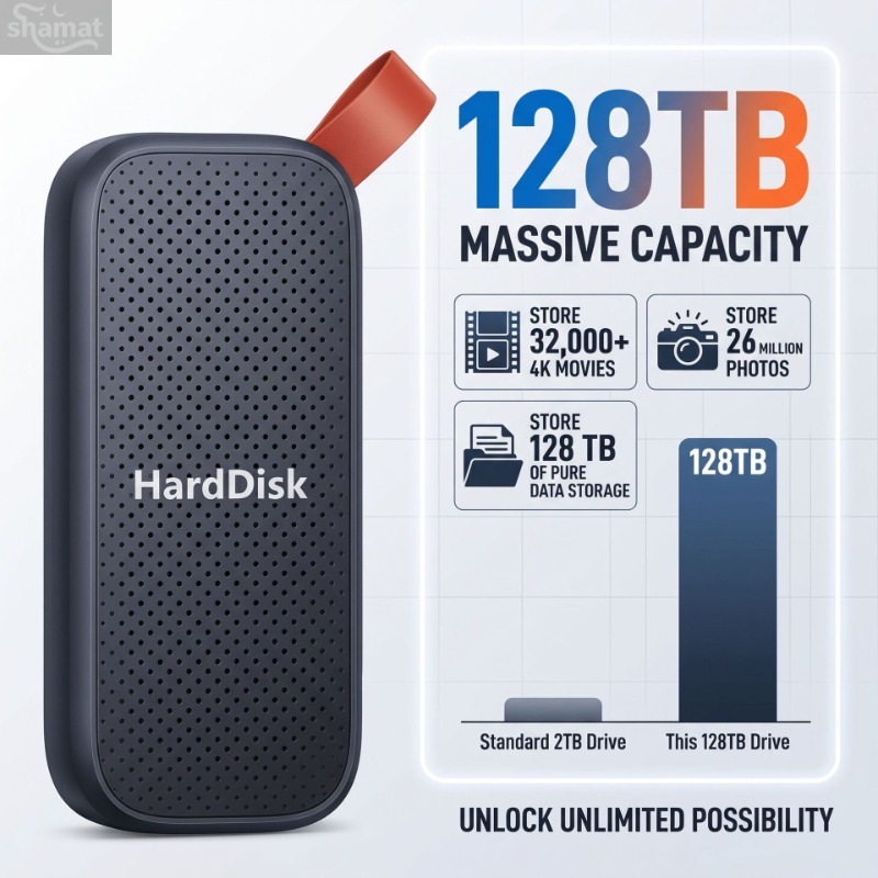 128TB Portable External Hard Drive, High Capacity USB Storage for Laptop PC, Honeycomb Cooling Design with Lanyard, Mobile External HDD for Backup & Data Storage