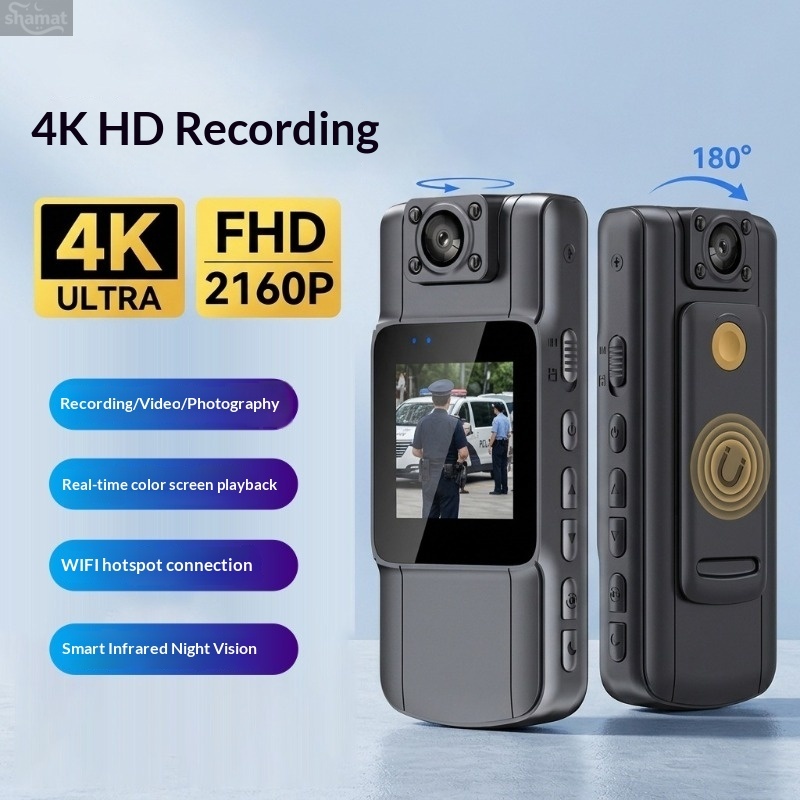 4K HD Body Camera, 180° Rotatable Lens, WiFi IR Night Vision, Clip-on Video Recorder
