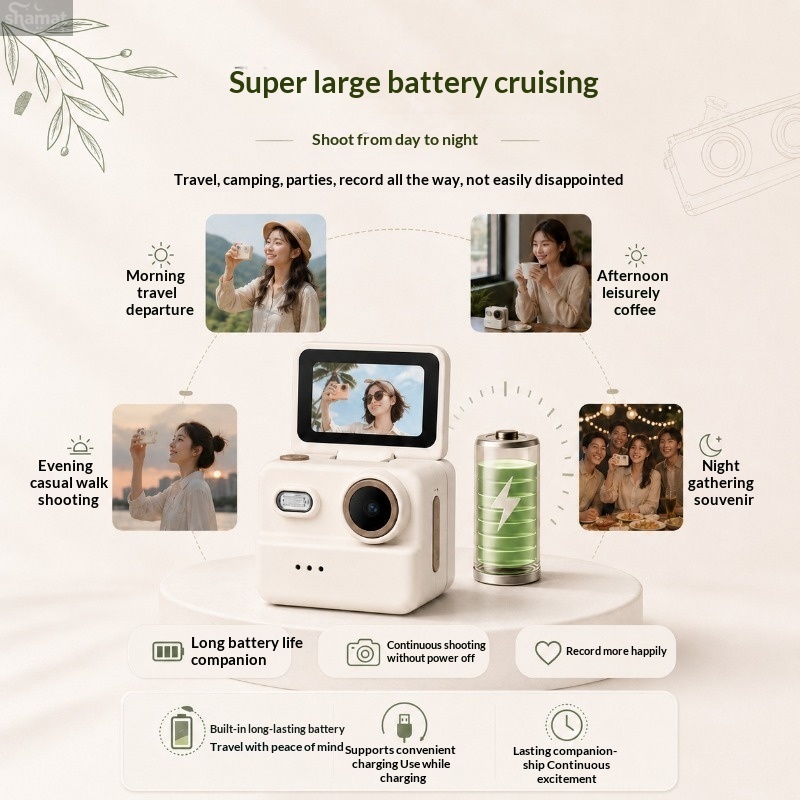 Mini Flip Screen Thumb Camera, Necklace Portable Pocket Camera with Flash Long Battery Life