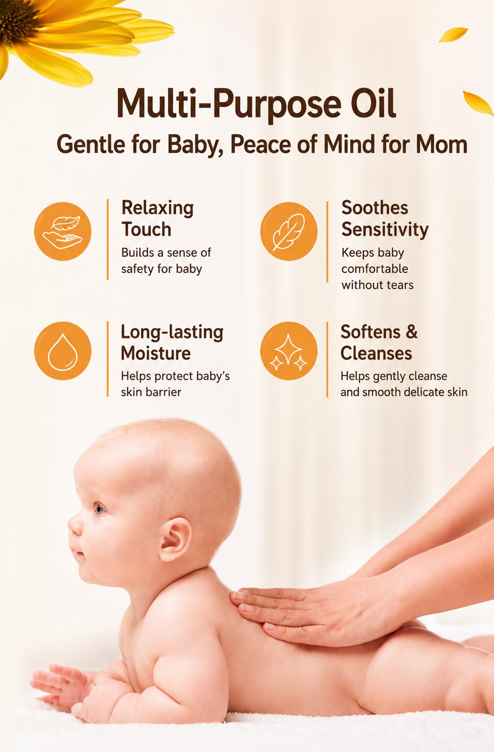 Sanosan  Care Oil
Ideal for massaging, for pampering your baby’s skin after bathing
98 % ingredients of natural origin.