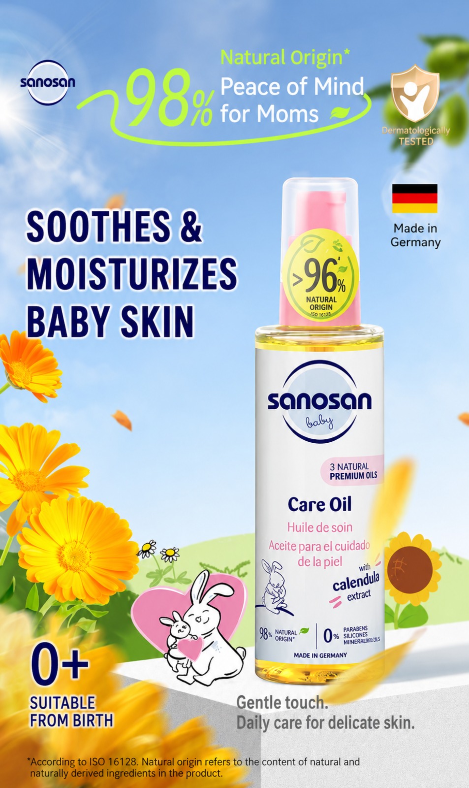 Sanosan  Care Oil
Ideal for massaging, for pampering your baby’s skin after bathing
98 % ingredients of natural origin.