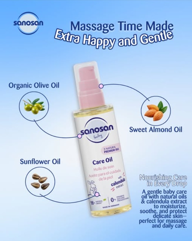 Sanosan  Care Oil
Ideal for massaging, for pampering your baby’s skin after bathing
98 % ingredients of natural origin.