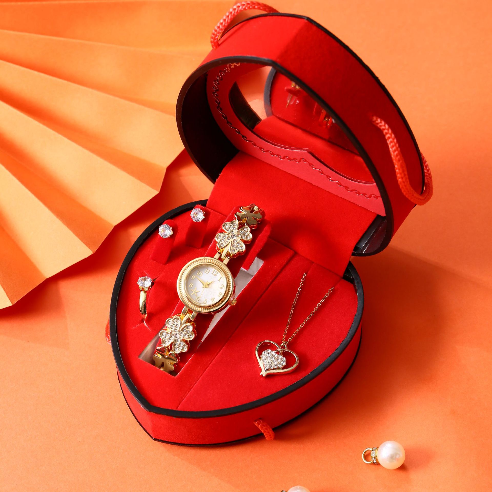Luxury Women Watch Jewelry Gift Set, Heart‑Shaped Box With Inner Mirror, Watch+Necklace+Earrings+Ring, Ideal Holiday Birthday Gift For Ladies
