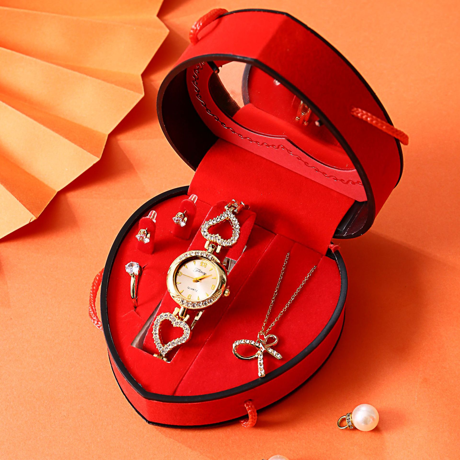 Luxury Women Watch Jewelry Gift Set, Heart‑Shaped Box With Inner Mirror, Watch+Necklace+Earrings+Ring, Ideal Holiday Birthday Gift For Ladies