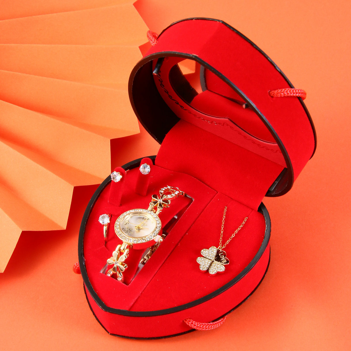 Luxury Women Watch Jewelry Gift Set, Heart‑Shaped Box With Inner Mirror, Watch+Necklace+Earrings+Ring, Ideal Holiday Birthday Gift For Ladies