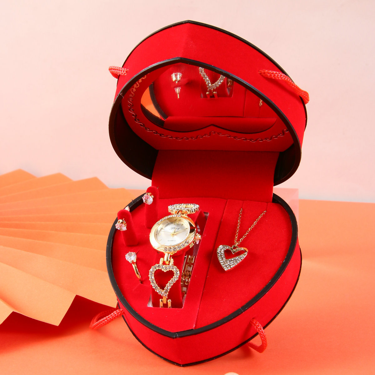 Luxury Women Watch Jewelry Gift Set, Heart‑Shaped Box With Inner Mirror, Watch+Necklace+Earrings+Ring, Ideal Holiday Birthday Gift For Ladies