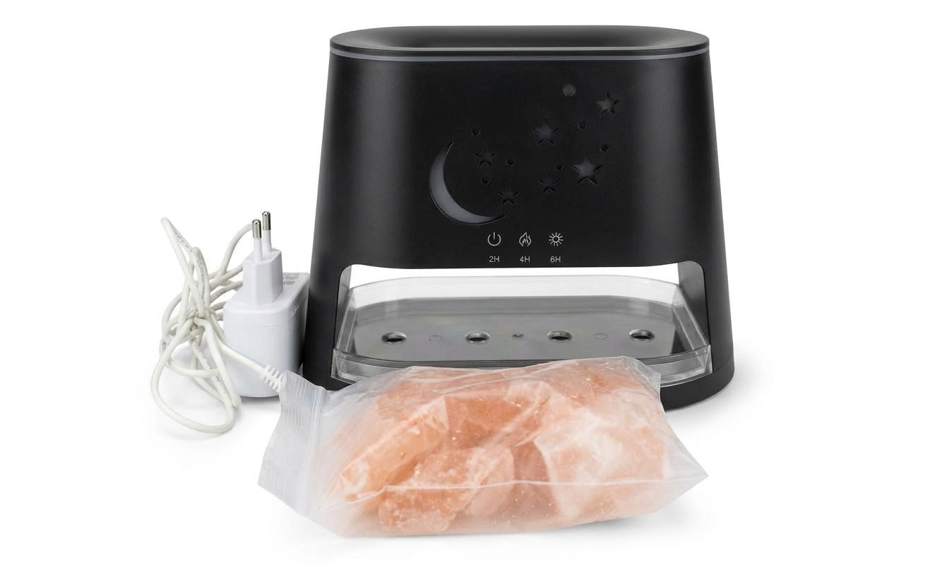 HOLDMAY KP-6059 Aroma Diffuser & Humidifier – Colorful LED Flame Effect, Salt Stone Base, Moon & Stars Night Light