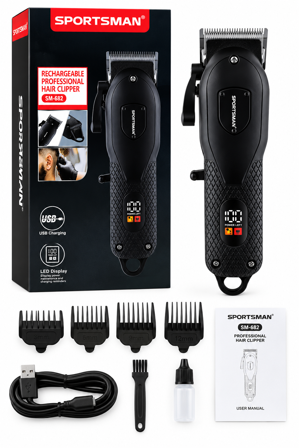 SPORTSMAN SM-682 Professional Hair Clipper Rechargeable USB Cordless Trimmer with LED Display, Stainless Steel Blade & Guide Combs