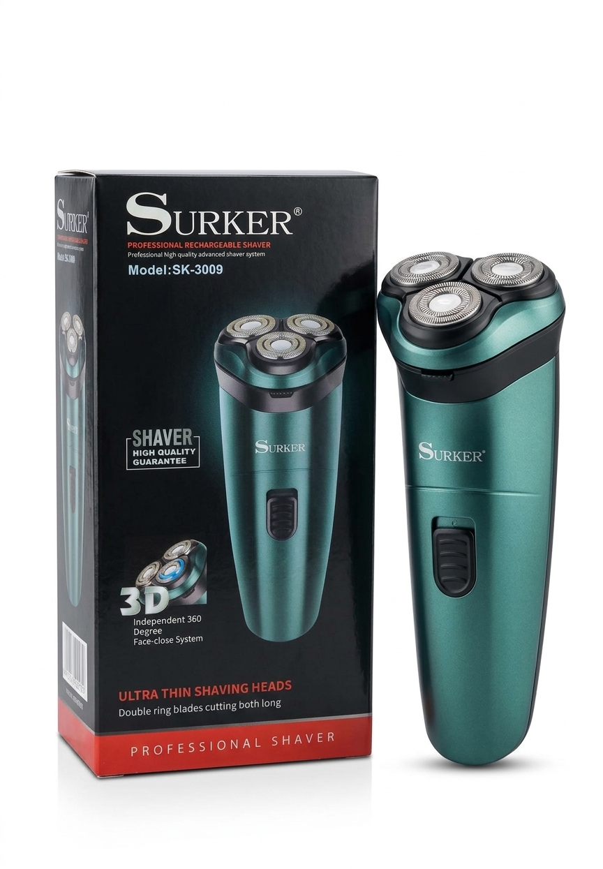SURKER Professional Electric Shaver for Men (SK-3009) – Rechargeable 3D Rotary Razor with Independent 360-Degree Face-Close System & Ultra-Thin Double Ring Blades