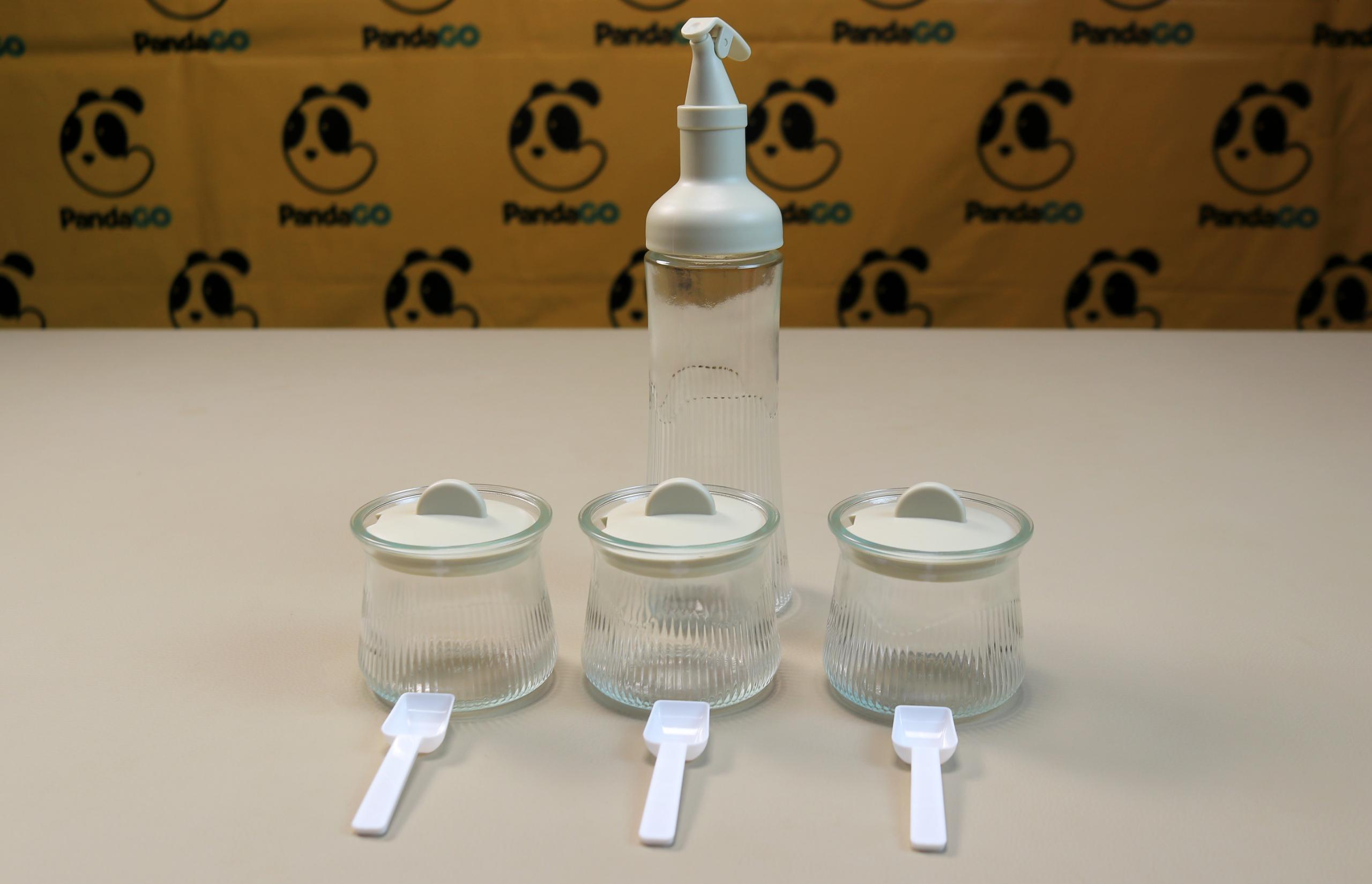 LOWMISH 4-Piece Glass Oil Dispenser and Seasoning Jar Set with Pump Bottle and 3 Spice Containers for Kitchen Storage