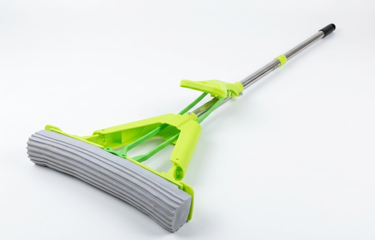 Heavy-Duty Sponge Mop with Self-Wringing Squeegee Handle | Super Absorbent PVA Roller Floor Mop for Hardwood, Tile, & Laminate Cleaning