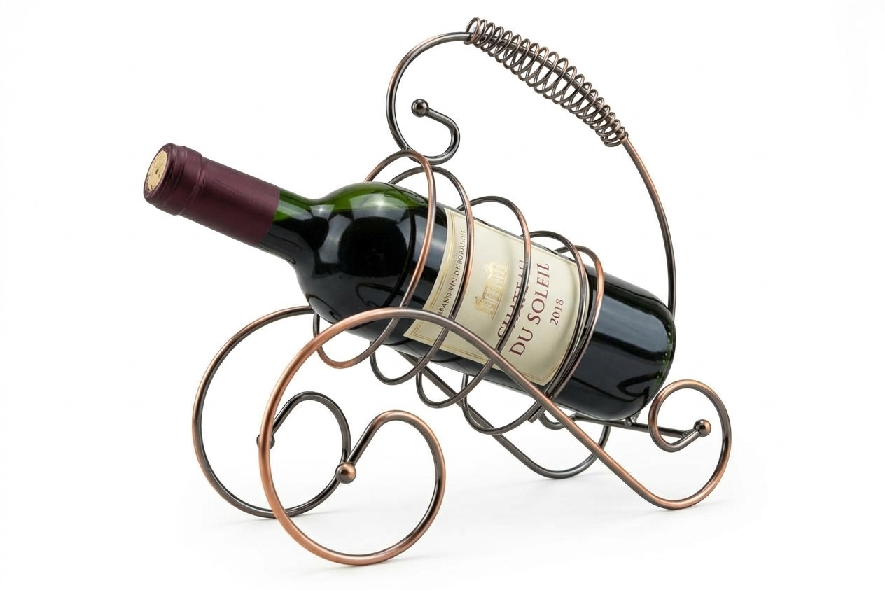 Vintage Spiral Metal Wine Bottle Holder – Decorative Tricycle Tabletop Wine Rack (Rose Gold & Dark Chrome)