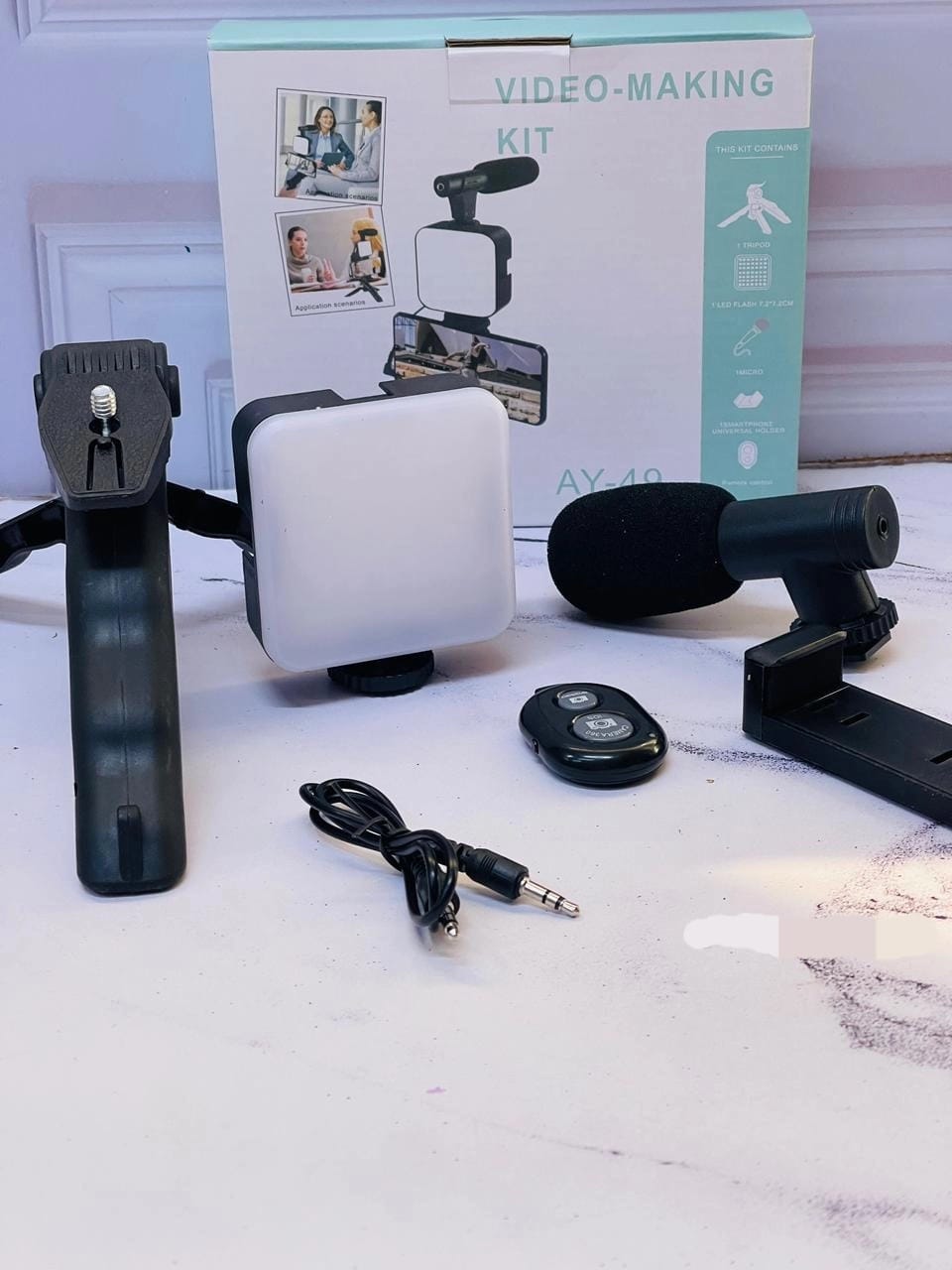AY-49 Video Making Kit 5-in-1 Vlogging Gear with Shotgun Microphone, 49-LED Video Light, Mini Tripod Stand & Bluetooth Remote Shutter for iPhone, Android, YouTube & TikTok