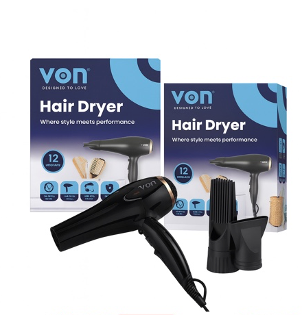 Von Hair Dryer 2000W – Professional Salon-Quality Hair Dryer with 2 Speed & 2 Heat Settings, Cool Shot Function, and Comb Attachments