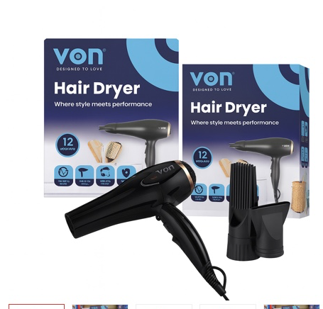 Von Hair Dryer 2000W – Professional Salon-Quality Hair Dryer with 2 Speed & 2 Heat Settings, Cool Shot Function, and Comb Attachments