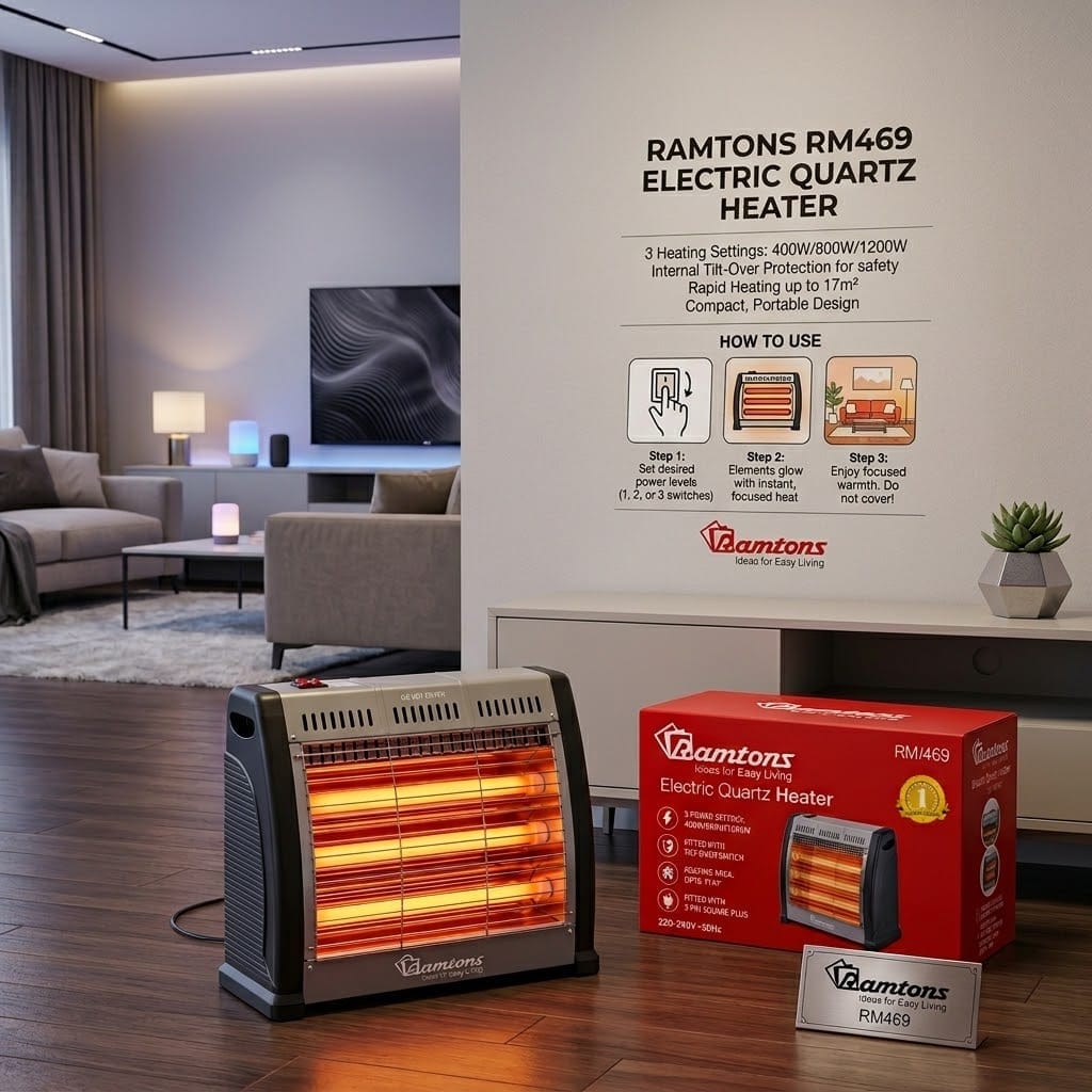 Ramtons RM469 Electric Quartz Heater, a portable space heater designed for quick warmth.It features three heating settings (400W, 800W, 1200W) controlled by individual switches for customizable heat o