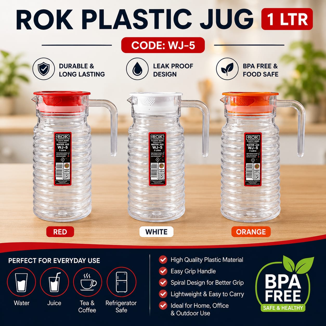 Rok Plastic Jug 1 Litre – Durable, Lightweight & Perfect for Everyday Use. Designed for everyday convenience, this practical and stylish jug is ideal for homes, offices, restaurants, schools, and outd
