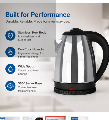 AILYONS1.8L Electric Kettle Water Heater & Boiler Jug Rapid Heating Stainless Steel Kettle 2 litres stainless steel ailyons kettle Durable stainless steel body.