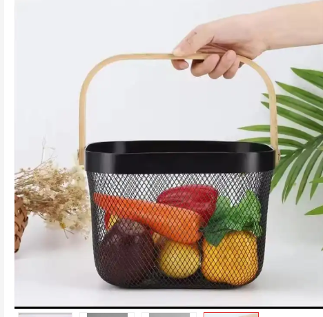 Portable Fruit Storage Basket with Bamboo Handle – Alloy Mesh Fruit Bowl for Kitchen Countertop, Dining Table and Picnic Use, Lightweight Portable Produce Organizer for Fruits & Household Storage